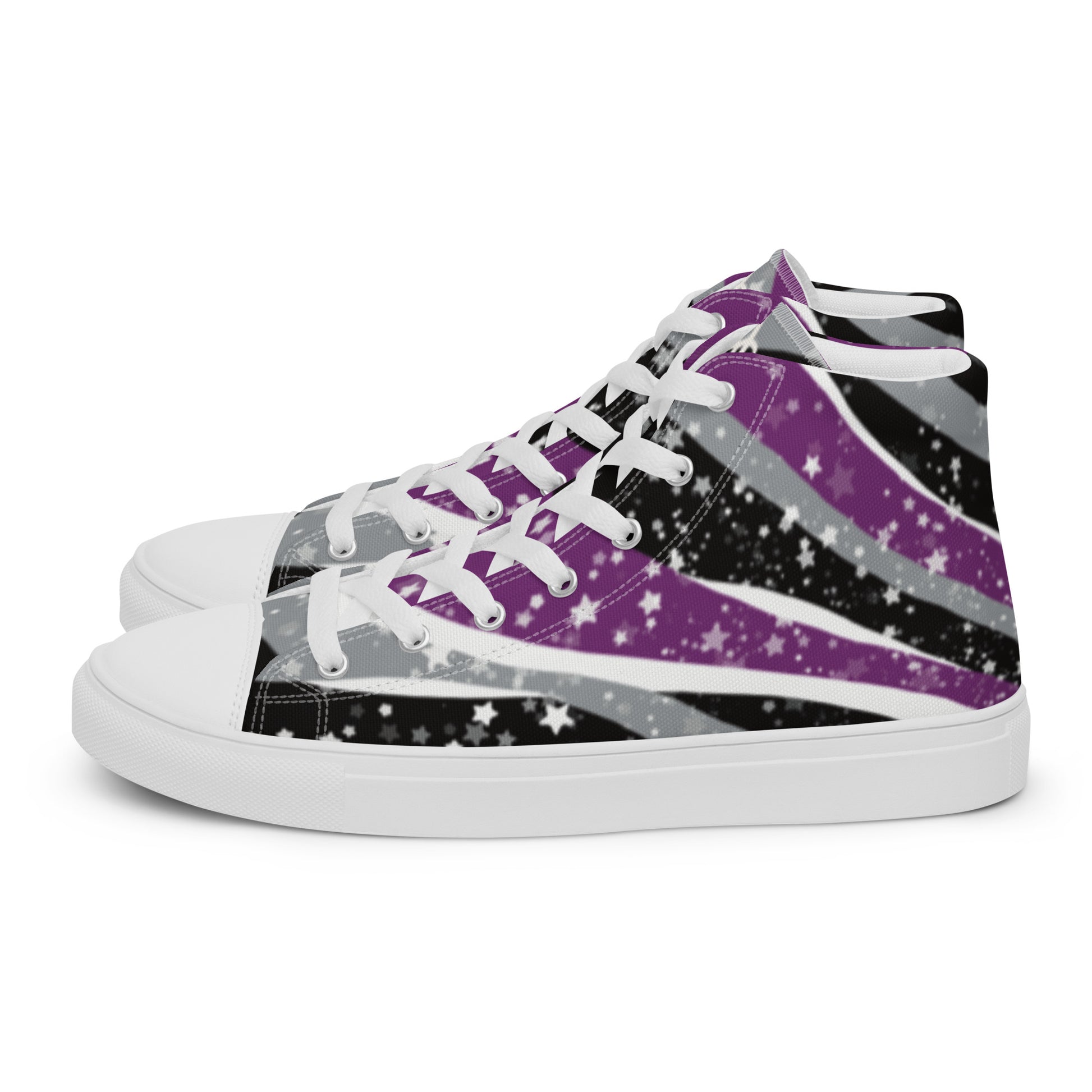 A pair of Starry Asexual shoes with ribbons of purple, grey, black, and white seem to expand from the heel to the laces with an explosion of stars.