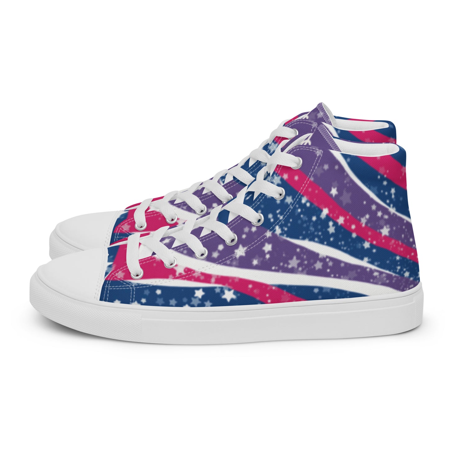 Left view: a pair of high top shoes with pink, purple, and blue ribbons that get larger from heel to laces, white stars, and the Aras Sivad logo on the tongue.