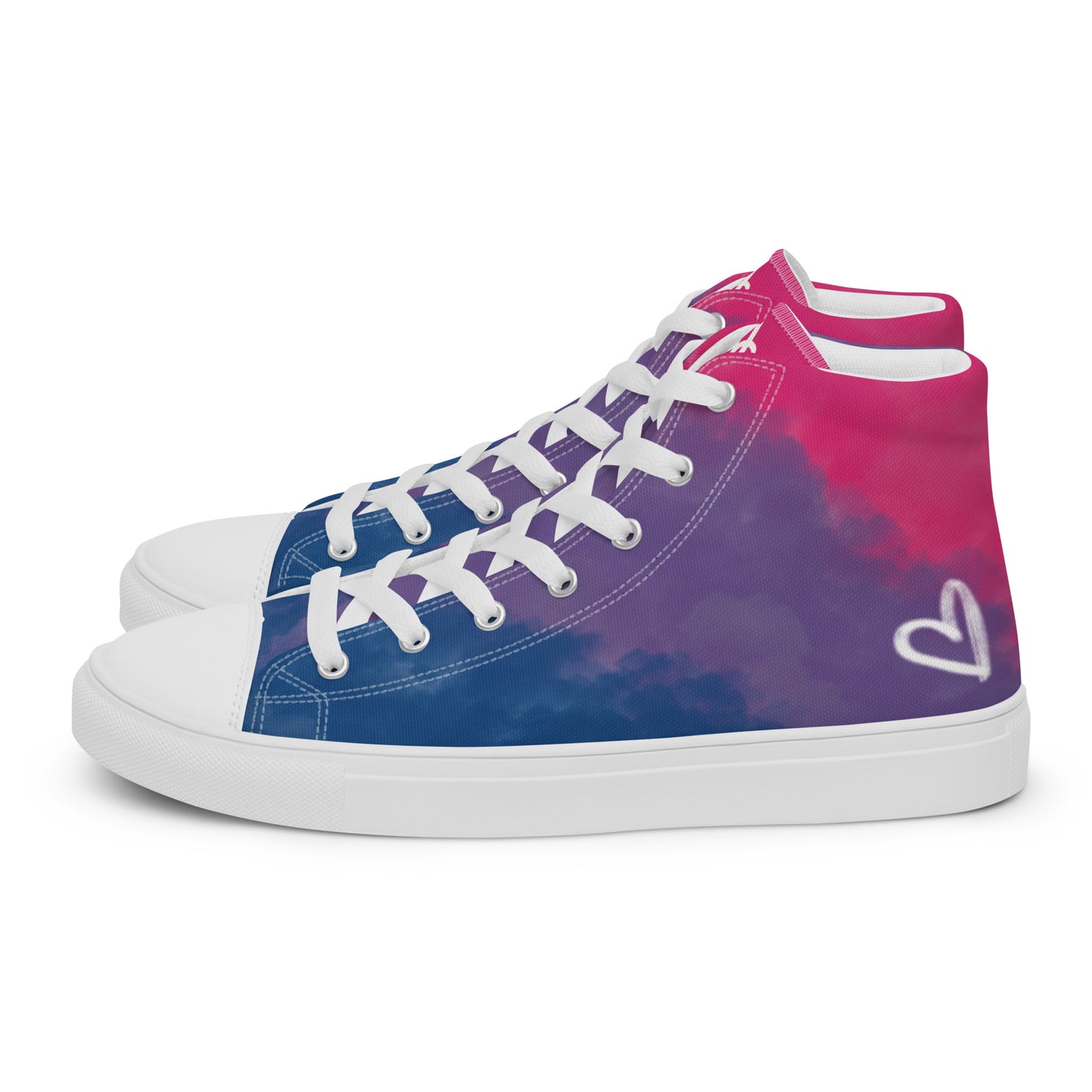Left view: a pair of high top shoes with color block pink, purple, and blue clouds, a white hand drawn heart, and the Aras Sivad logo on the back.