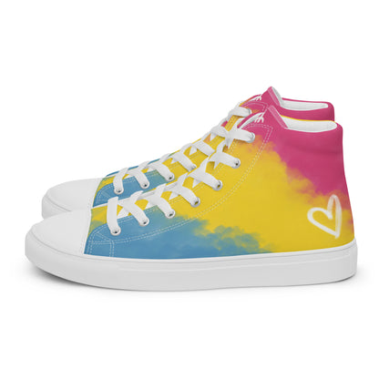 Left view: a pair of high top shoes with color block pink, yellow, and blue clouds, a white hand drawn heart, and the Aras Sivad logo on the back.