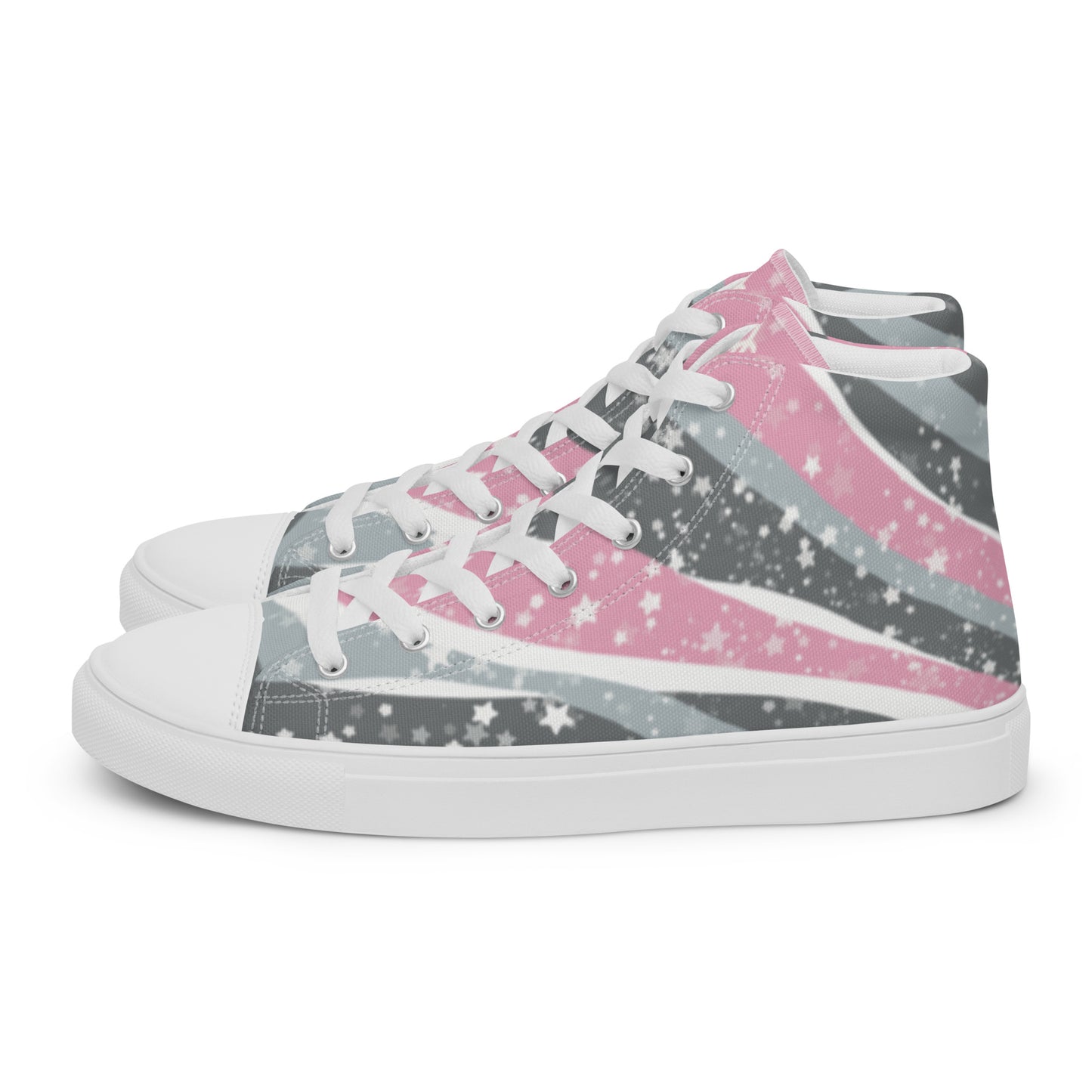 Left view: A pair of high top shoes with ribbons of the demigirl flag colors and stars coming from the heel and getting larger across the shoe to the laces.