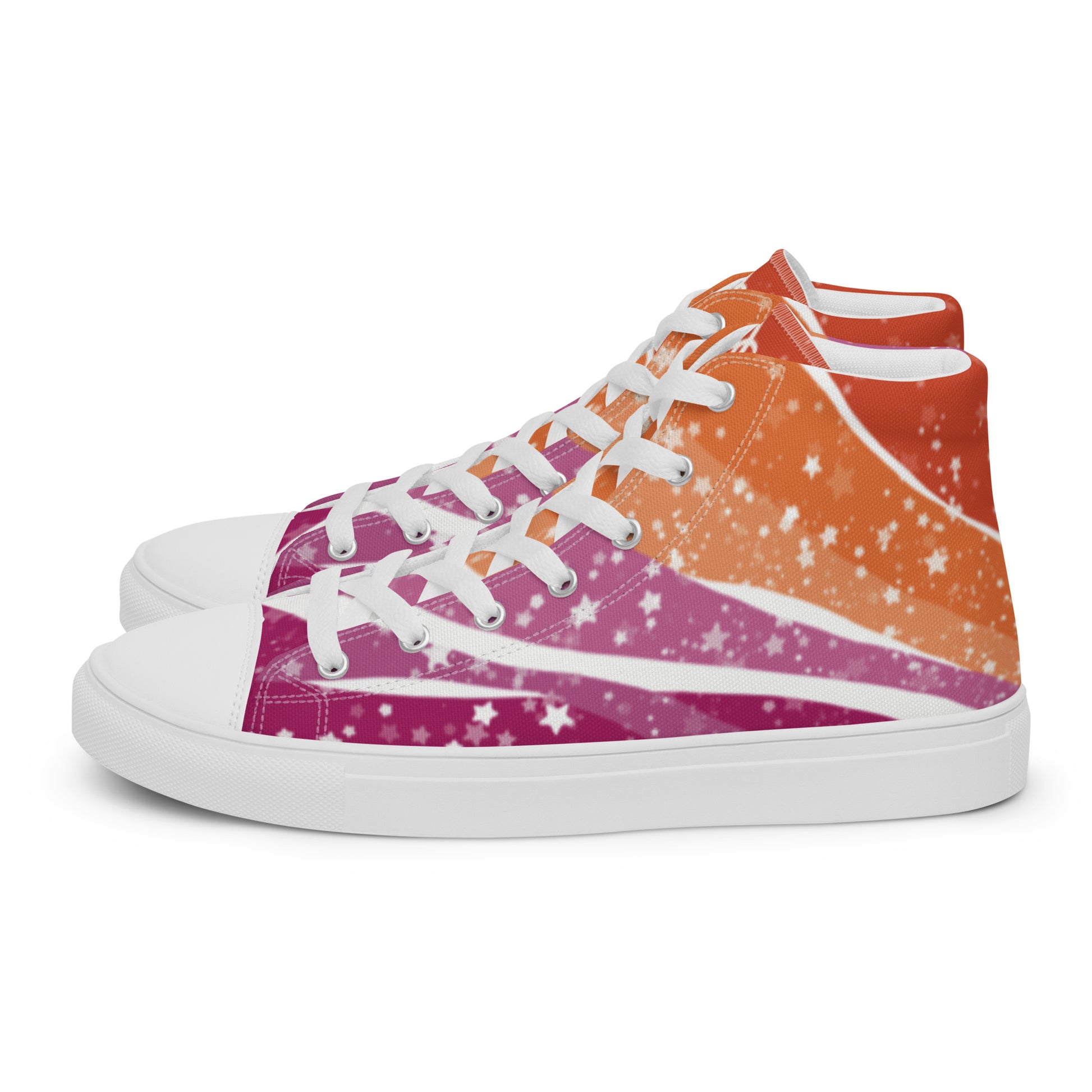 Left view: A pair of high top shoes with ribbons of lesbian flag colors and stars coming from the heel and getting larger across the shoe to the laces.