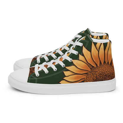 Side view: a dark green high top shoe with a large sunflower painting on the side, the middle starting around the heel and the petals wrapping around the side of the shoe, almost to the laces.