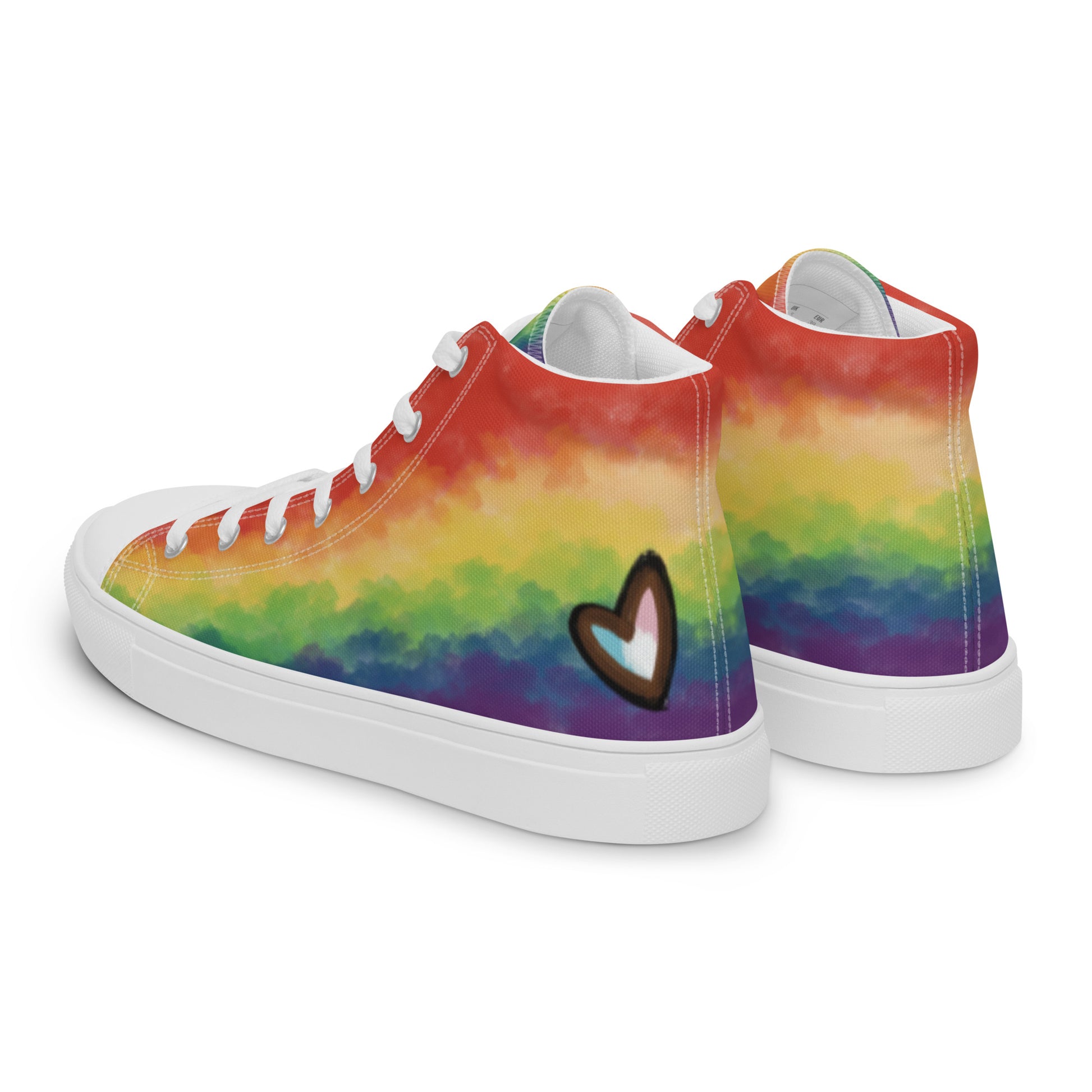 Left back view: A pair of high top shoes with rainbow striped clouds on the sides and a double heart in black and brown with the trans flag colors inside.