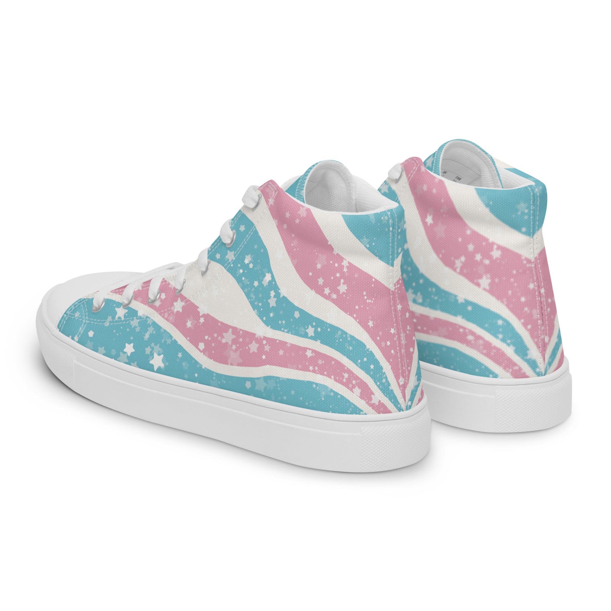 Left back view: A pair of high top shoes have way lines starting from the heel and getting larger towards the laces in pink, white, and blue with white stars all over, white laces, and white details.