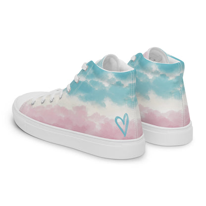 Left back view: High top shoes with a cloudy design in blue, white, and pink has a doodle style heart on the heel, white shoe laces, and white details.