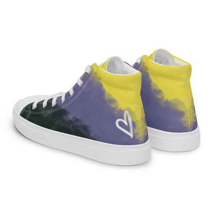 Left back view: a pair of high-top canvas shoes with cloudy color blocks of the yellow, purple, and black non-binary flag colors with white laces and accents, a white heart on the heel, and white Aras Sivad Studio logo on the tongue.