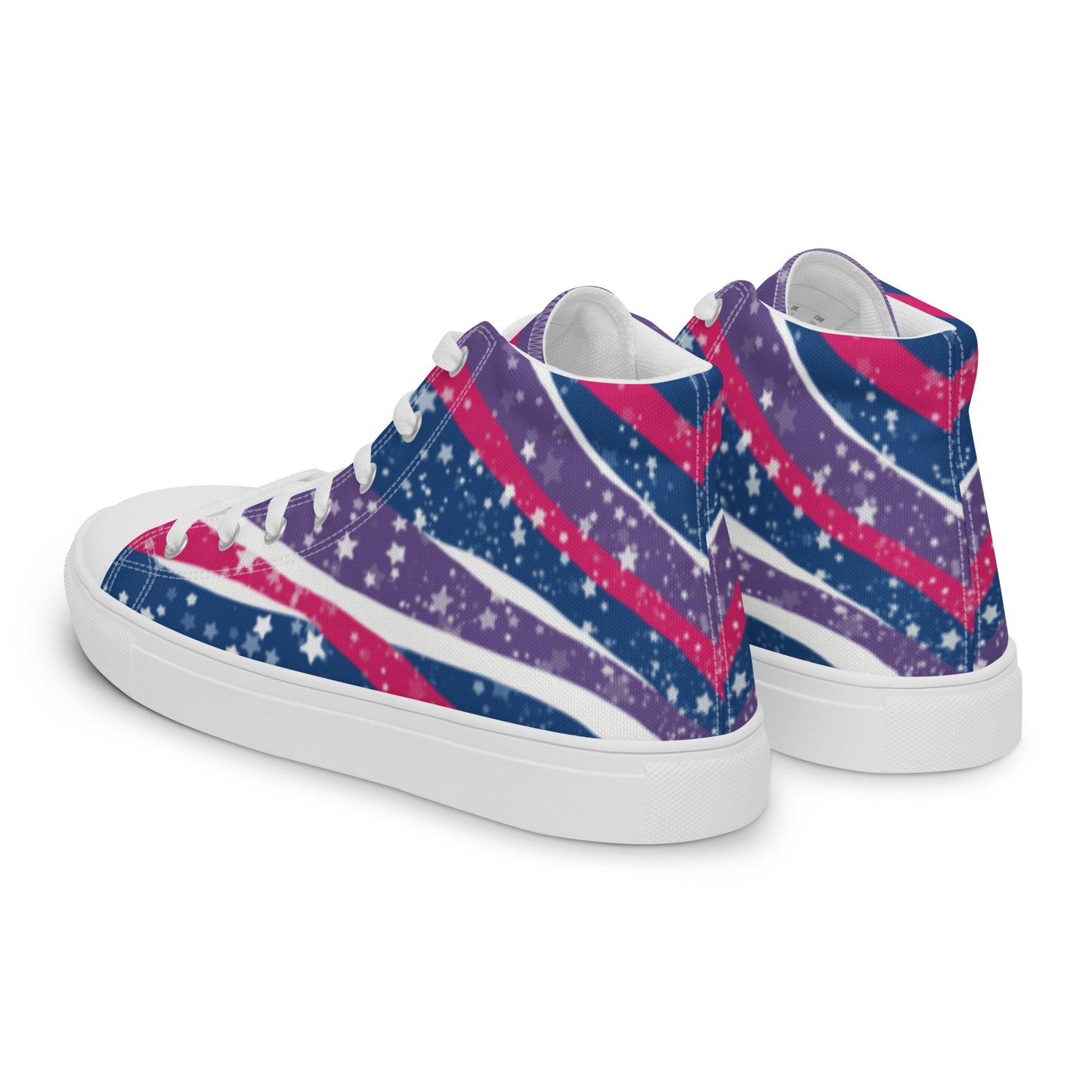 Left back view: a pair of high top shoes with pink, purple, and blue ribbons that get larger from heel to laces, white stars, and the Aras Sivad logo on the tongue.