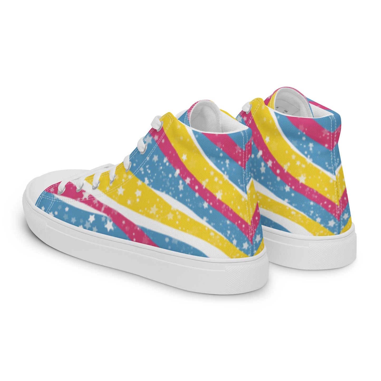 Left back view: a pair of high top shoes with pink, yellow, and blue ribbons that get larger from heel to laces, white stars, and the Aras Sivad logo on the tongue.