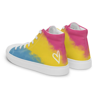 Left back view: a pair of high top shoes with color block pink, yellow, and blue clouds, a white hand drawn heart, and the Aras Sivad logo on the back.