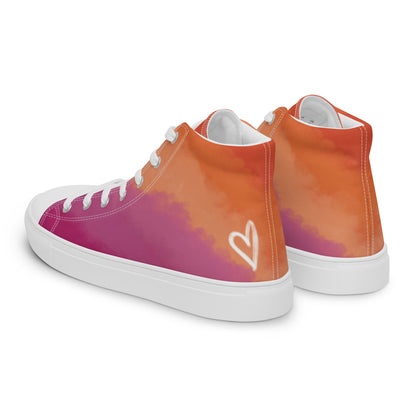 Left back view: A pair of high top shoes with cloud layers in the lesbian flag colors, a white heart on the heel, and the Aras Sivad Studio logo on the tongue.