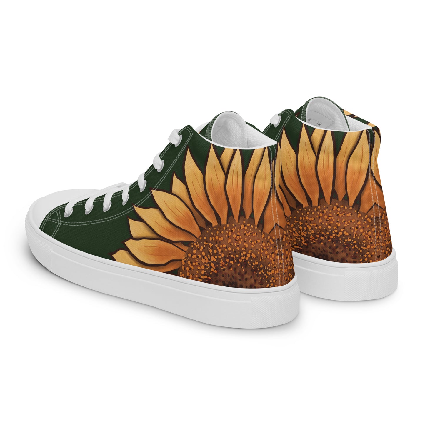 Left back view: a dark green high top shoe with a large sunflower painting on the side, the middle starting around the heel and the petals wrapping around the side of the shoe, almost to the laces.