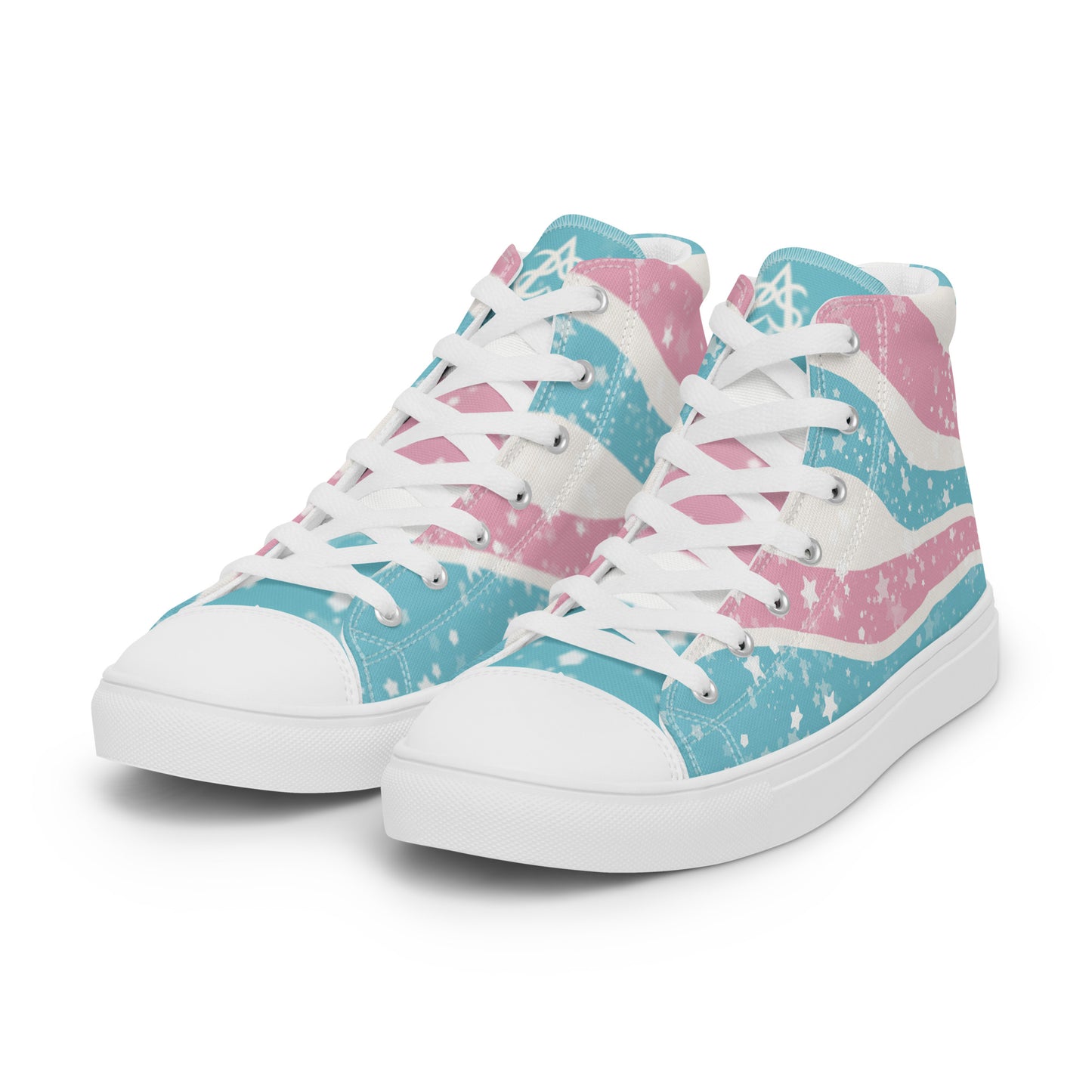 Left front view: A pair of high top shoes have way lines starting from the heel and getting larger towards the laces in pink, white, and blue with white stars all over, white laces, and white details.