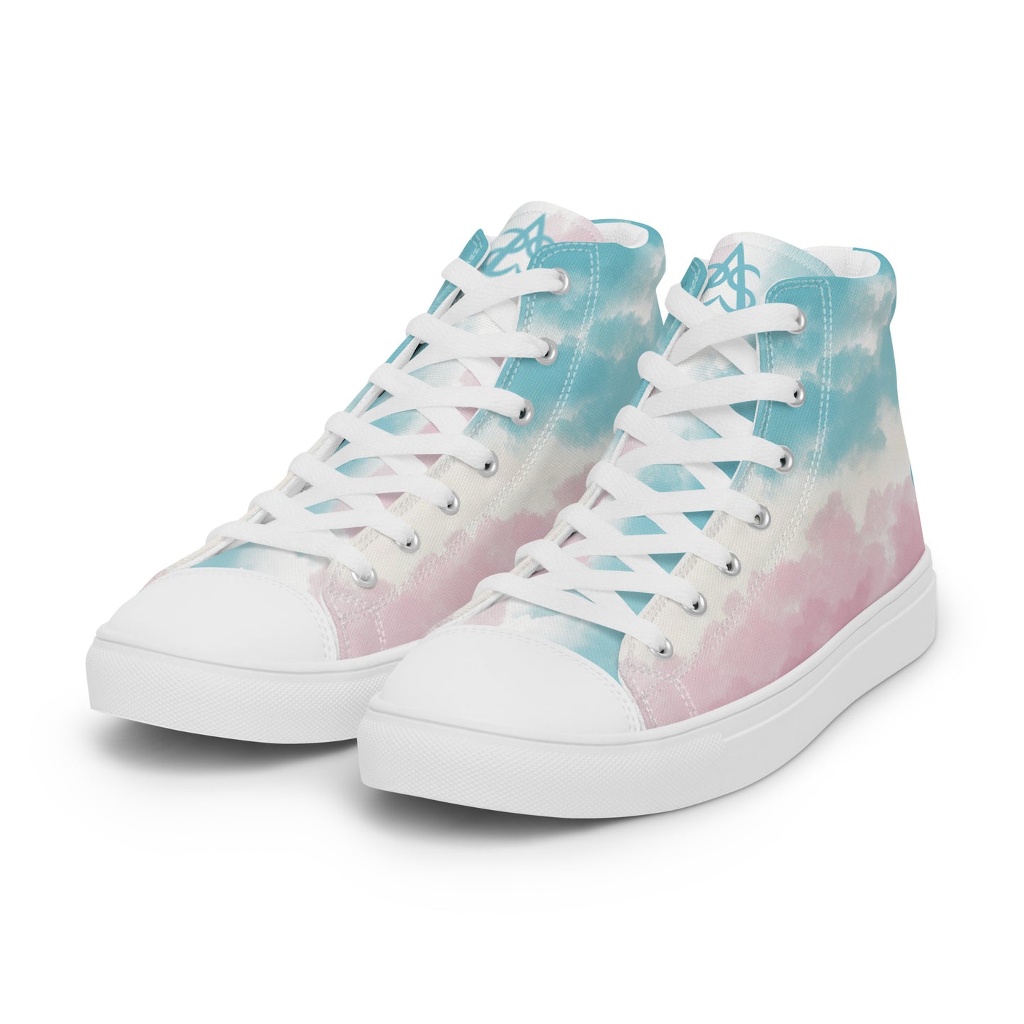 Left front view: High top shoes with a cloudy design in blue, white, and pink has a doodle style heart on the heel, white shoe laces, and white details.