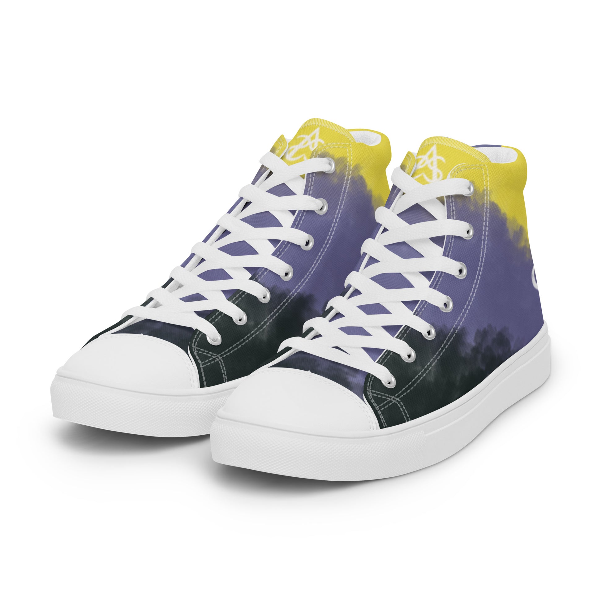 Left front view: a pair of high-top canvas shoes with cloudy color blocks of the yellow, purple, and black non-binary flag colors with white laces and accents, a white heart on the heel, and white Aras Sivad Studio logo on the tongue.