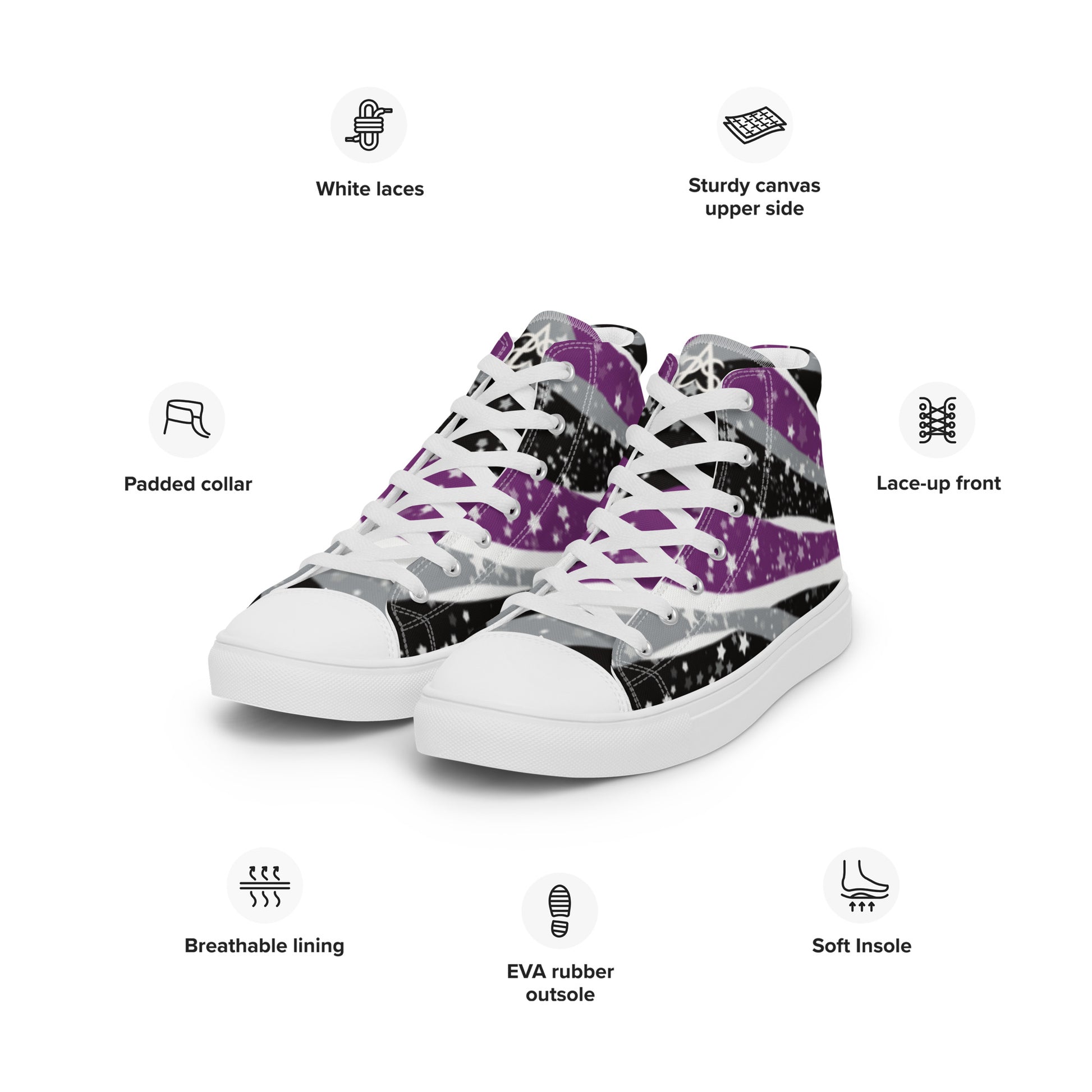 A pair of Starry Asexual high top shoes with product features: white laces, sturdy canvas upper side, lace up front, soft insole, EVA rubber outsole, Breathable lining, and padded collar.