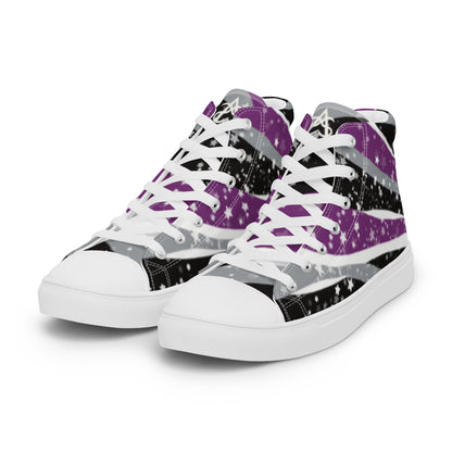 Left front view: a pair of high-top shoes with ribbons of purple, grey, black, and white seem to expand from the heel to the laces with an explosion of stars.