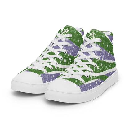Left front view: a pair of high top shoes with green, purple, and white ribbons that get larger from heel to laces, white stars, and the Aras Sivad logo on the tongue.
