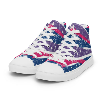 Left front view: a pair of high top shoes with pink, purple, and blue ribbons that get larger from heel to laces, white stars, and the Aras Sivad logo on the tongue.