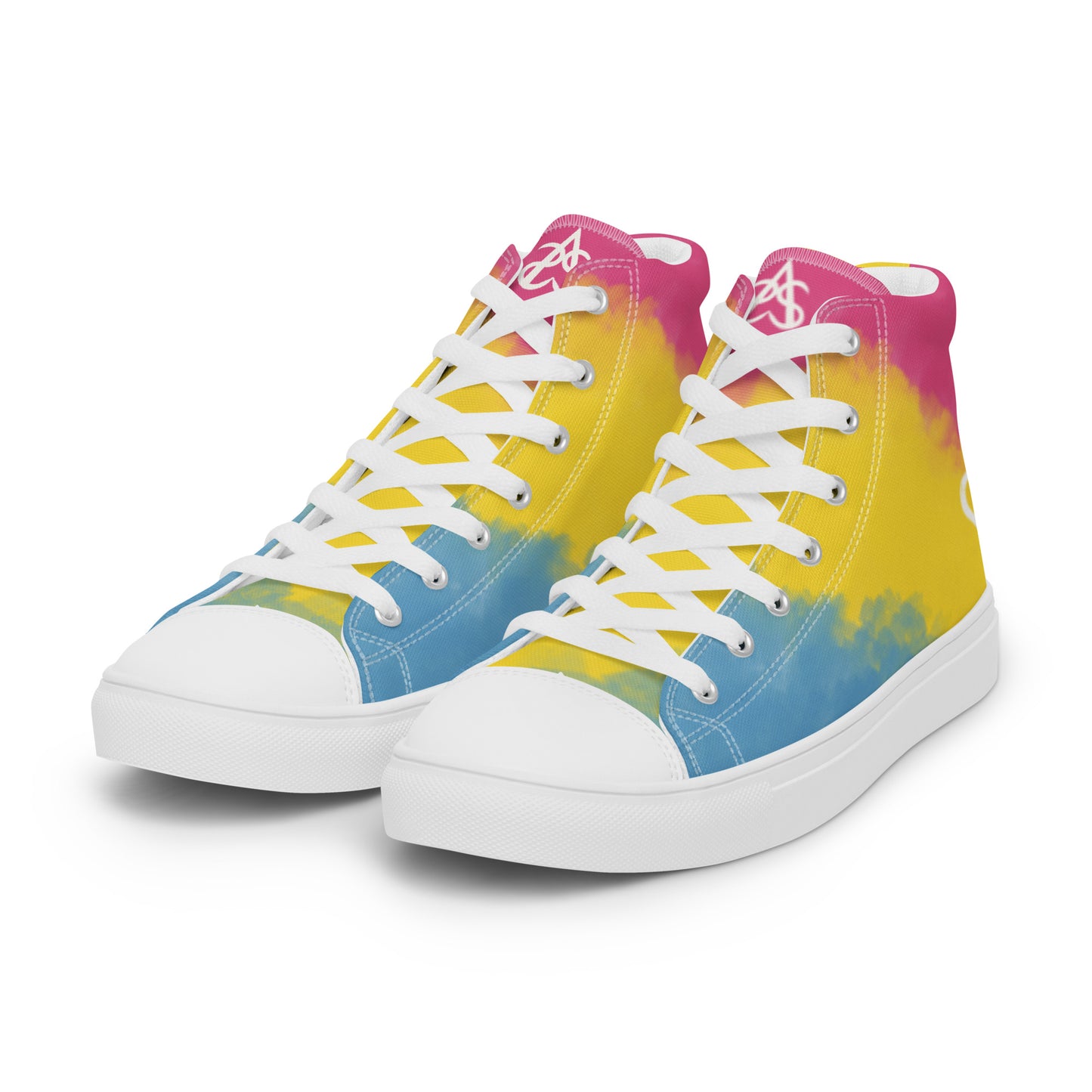 Left front view: a pair of high top shoes with color block pink, yellow, and blue clouds, a white hand drawn heart, and the Aras Sivad logo on the back.