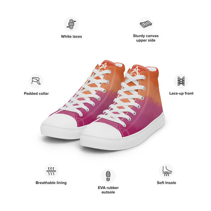 A pair of high top canvas shoes designed with cloud layers in the lesbian flag colors, a heart on the heel, and the Aras Sivad logo on the tongue, surrounded by product features: Padded collar, white laces, sturdy canvas upper side, lace up front, soft insole, EVA rubber outsole, and breathable lining.