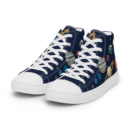 Left front view: A pair of high top shoes with painted solar system and starry background with white laces.