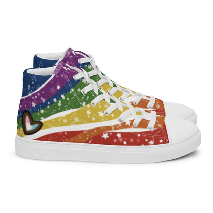 Right side view: A pair of high top shoes have wavy rainbow stripes coming from the heel and getting wider towards the laces, covered in stars, with a double heart in black and brown containing the Trans Pride flag near the heel.