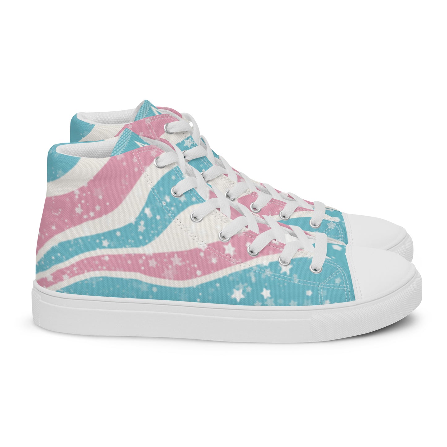A pair of high top shoes have way lines starting from the heel and getting larger towards the laces in pink, white, and blue with white stars all over, white laces, and white details.