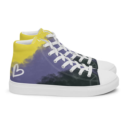Right view: a pair of high-top canvas shoes with cloudy color blocks of the yellow, purple, and black non-binary flag colors with white laces and accents, a white heart on the heel, and white Aras Sivad Studio logo on the tongue.