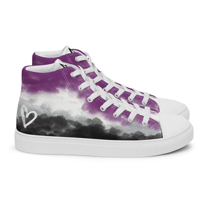 Right view: a pair of high top shoes with clouds in the asexual flag colors, a hand drawn white heart on the heel, white laces and accents, and the Aras Sivad Studio logo on the tongue.