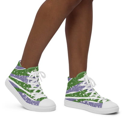 A model wears a pair of high top shoes with green, purple, and white ribbons that get larger from heel to laces, white stars, and the Aras Sivad logo on the tongue.