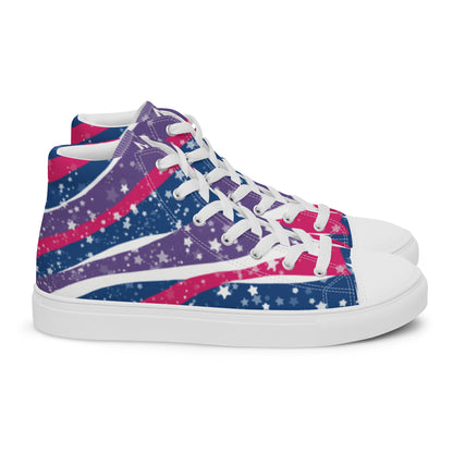 Right view: a pair of high top shoes with pink, purple, and blue ribbons that get larger from heel to laces, white stars, and the Aras Sivad logo on the tongue.