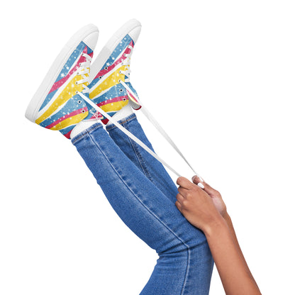 A model wears a pair of high top shoes with pink, yellow, and blue ribbons that get larger from heel to laces, white stars, and the Aras Sivad logo on the tongue.