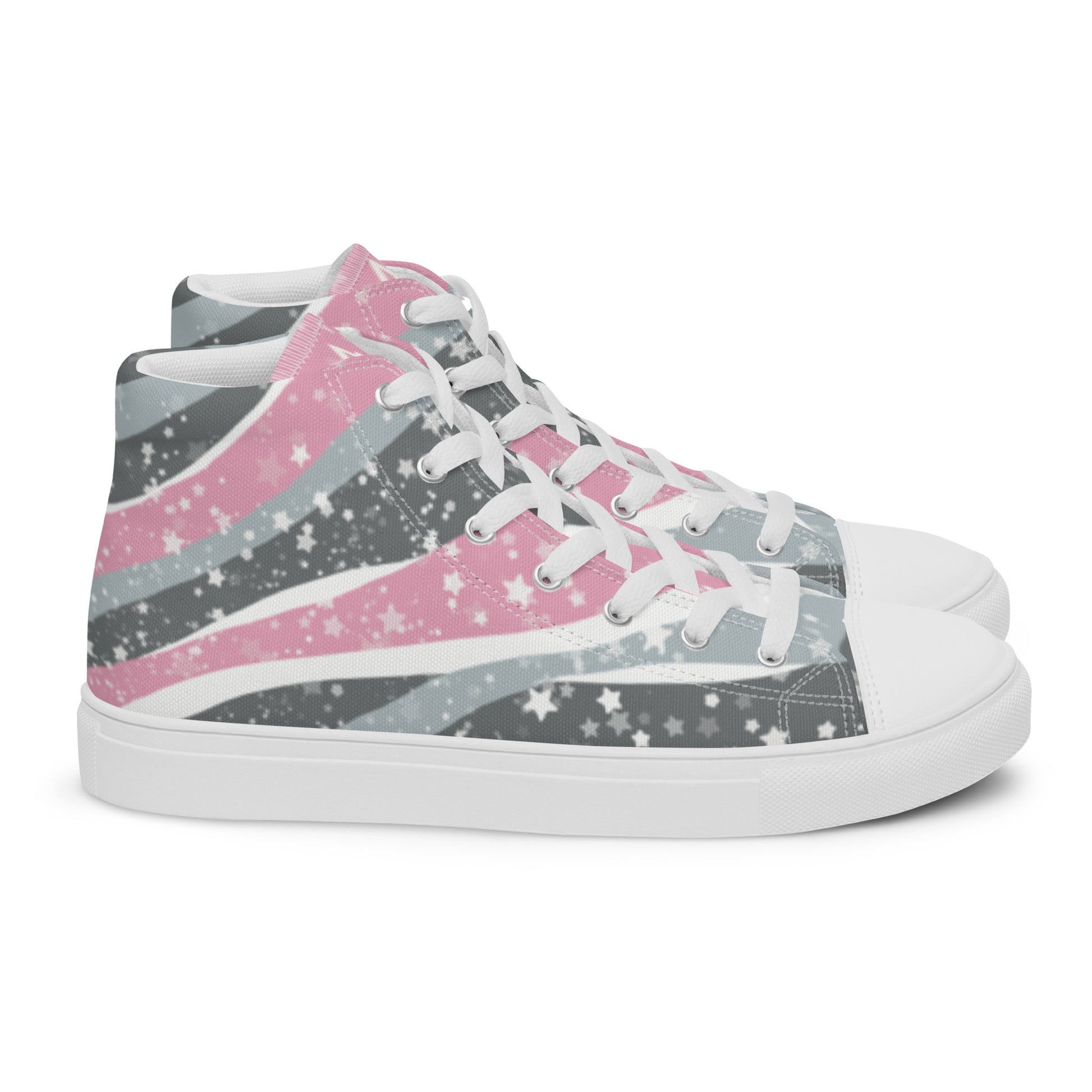 Right view: A pair of high top shoes with ribbons of the demigirl flag colors and stars coming from the heel and getting larger across the shoe to the laces.