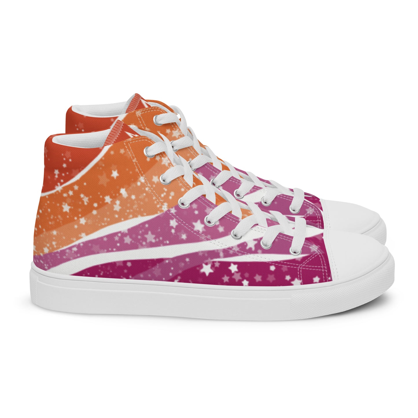 Right view: A pair of high top shoes with ribbons of lesbian flag colors and stars coming from the heel and getting larger across the shoe to the laces.