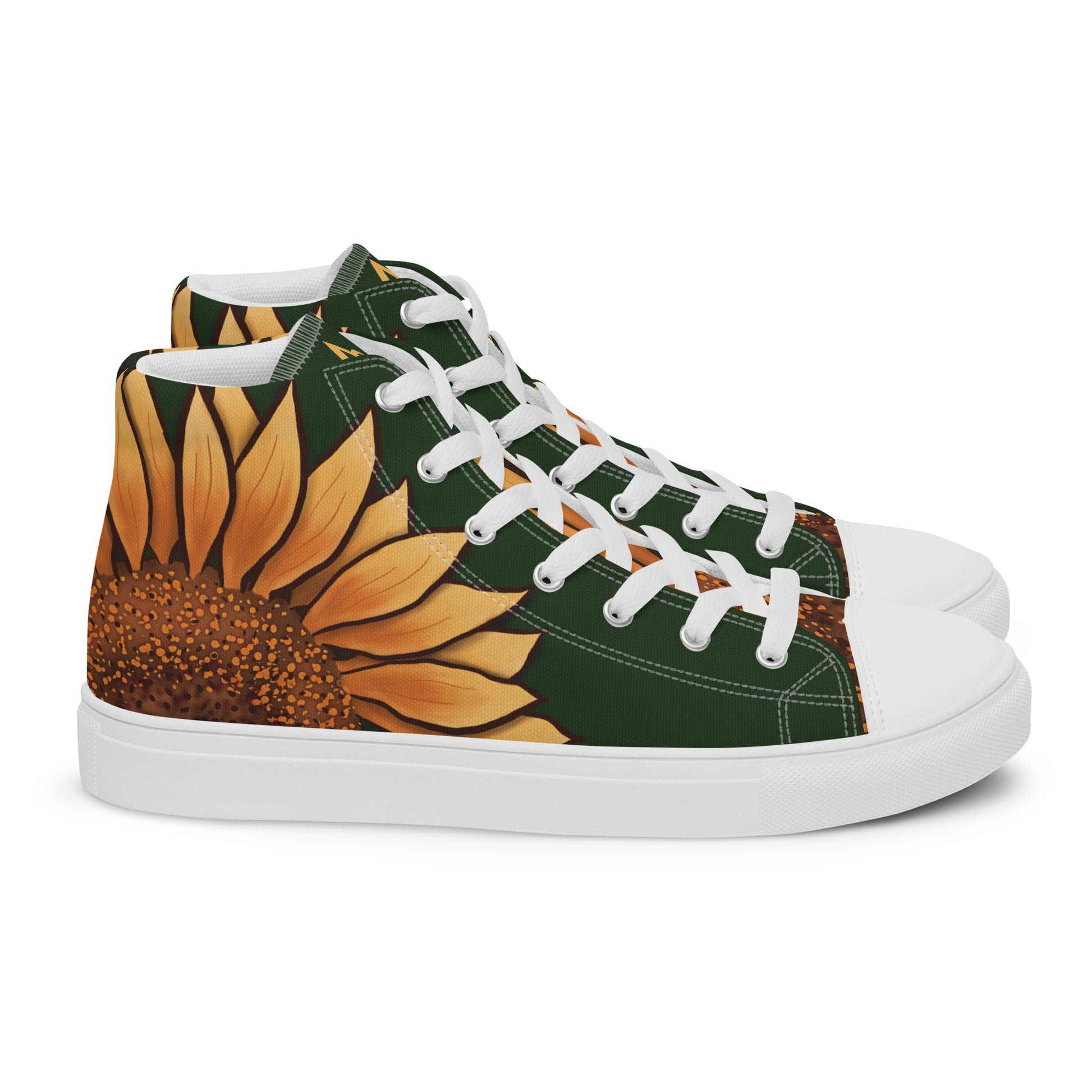 Right view: a dark green high top shoe with a large sunflower painting on the side, the middle starting around the heel and the petals wrapping around the side of the shoe, almost to the laces.
