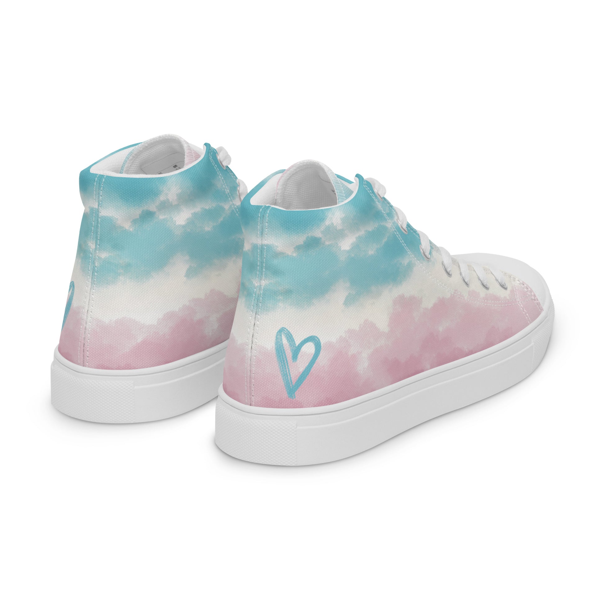 Right back view: High top shoes with a cloudy design in blue, white, and pink has a doodle style heart on the heel, white shoe laces, and white details.