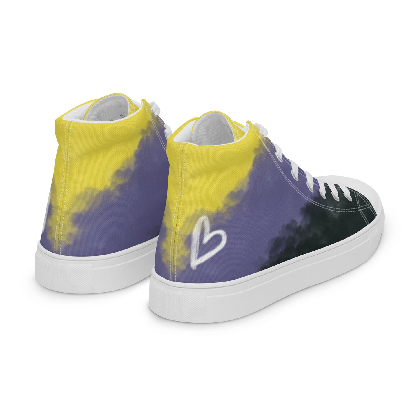 Right back view: a pair of high-top canvas shoes with cloudy color blocks of the yellow, purple, and black non-binary flag colors with white laces and accents, a white heart on the heel, and white Aras Sivad Studio logo on the tongue.