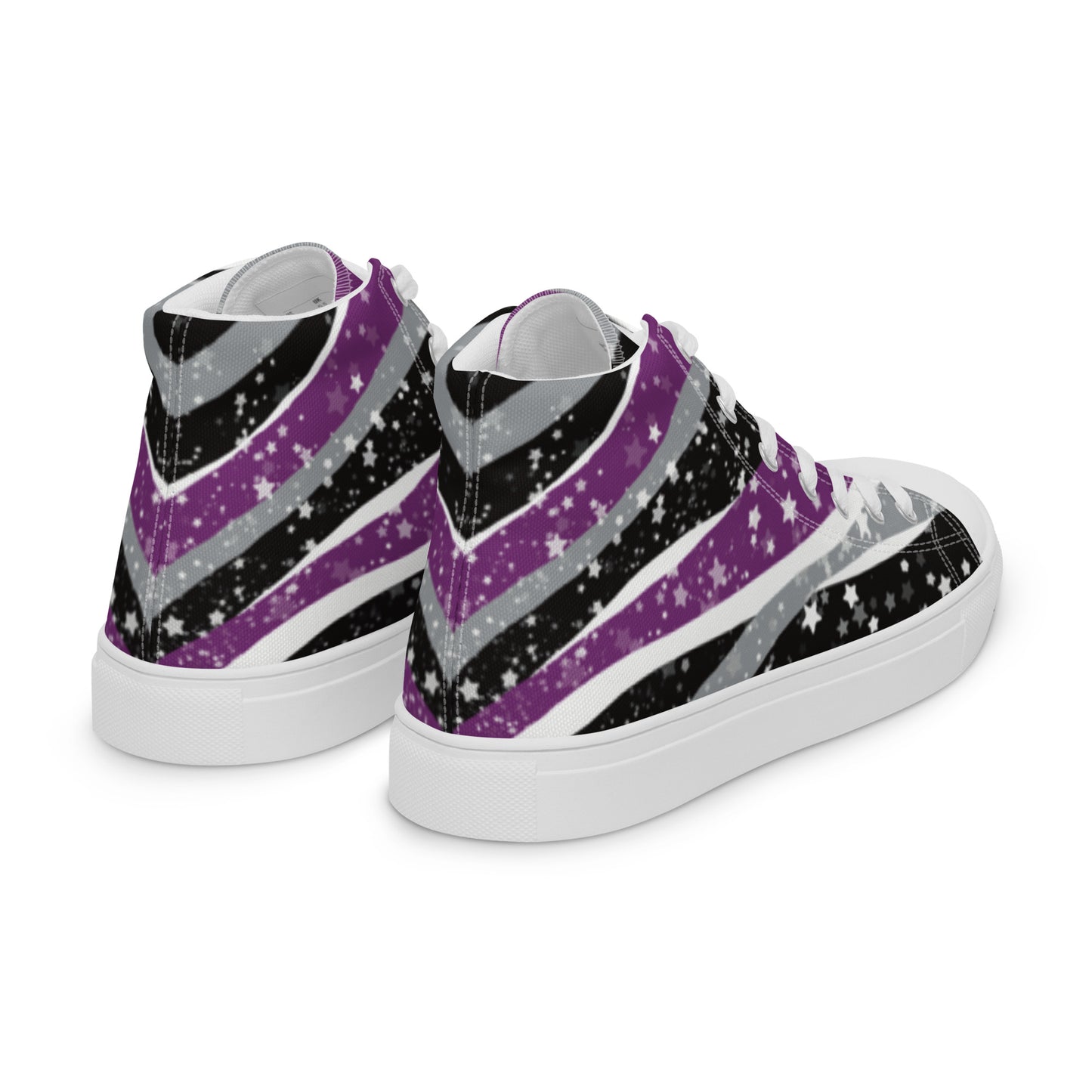 Right back view: a pair of high-top shoes with ribbons of purple, grey, black, and white seem to expand from the heel to the laces with an explosion of stars.