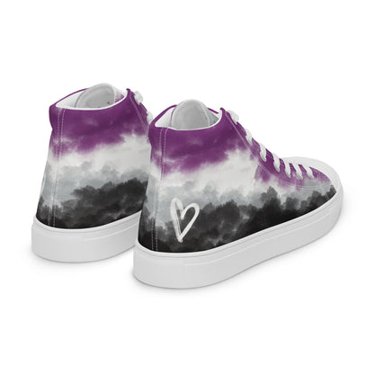 Right back view: a pair of high top shoes with clouds in the asexual flag colors, a hand drawn white heart on the heel, white laces and accents, and the Aras Sivad Studio logo on the tongue.