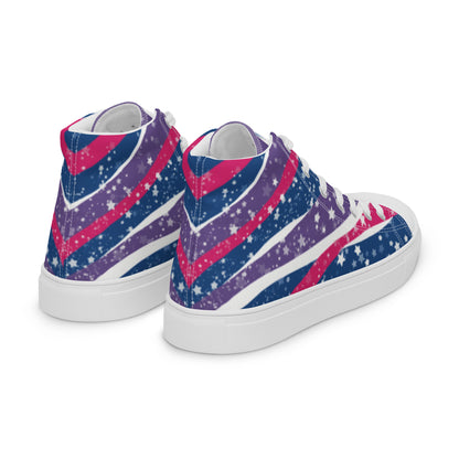 Right back view: a pair of high top shoes with pink, purple, and blue ribbons that get larger from heel to laces, white stars, and the Aras Sivad logo on the tongue.