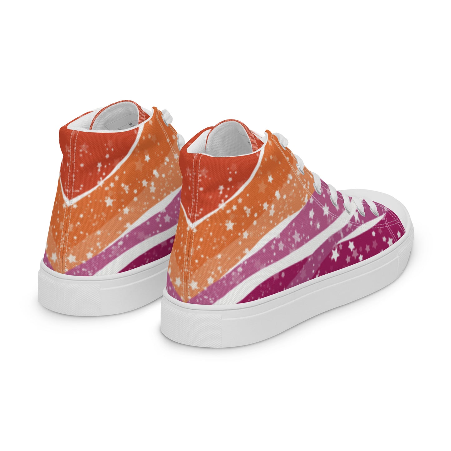 Right back view: A pair of high top shoes with ribbons of lesbian flag colors and stars coming from the heel and getting larger across the shoe to the laces.