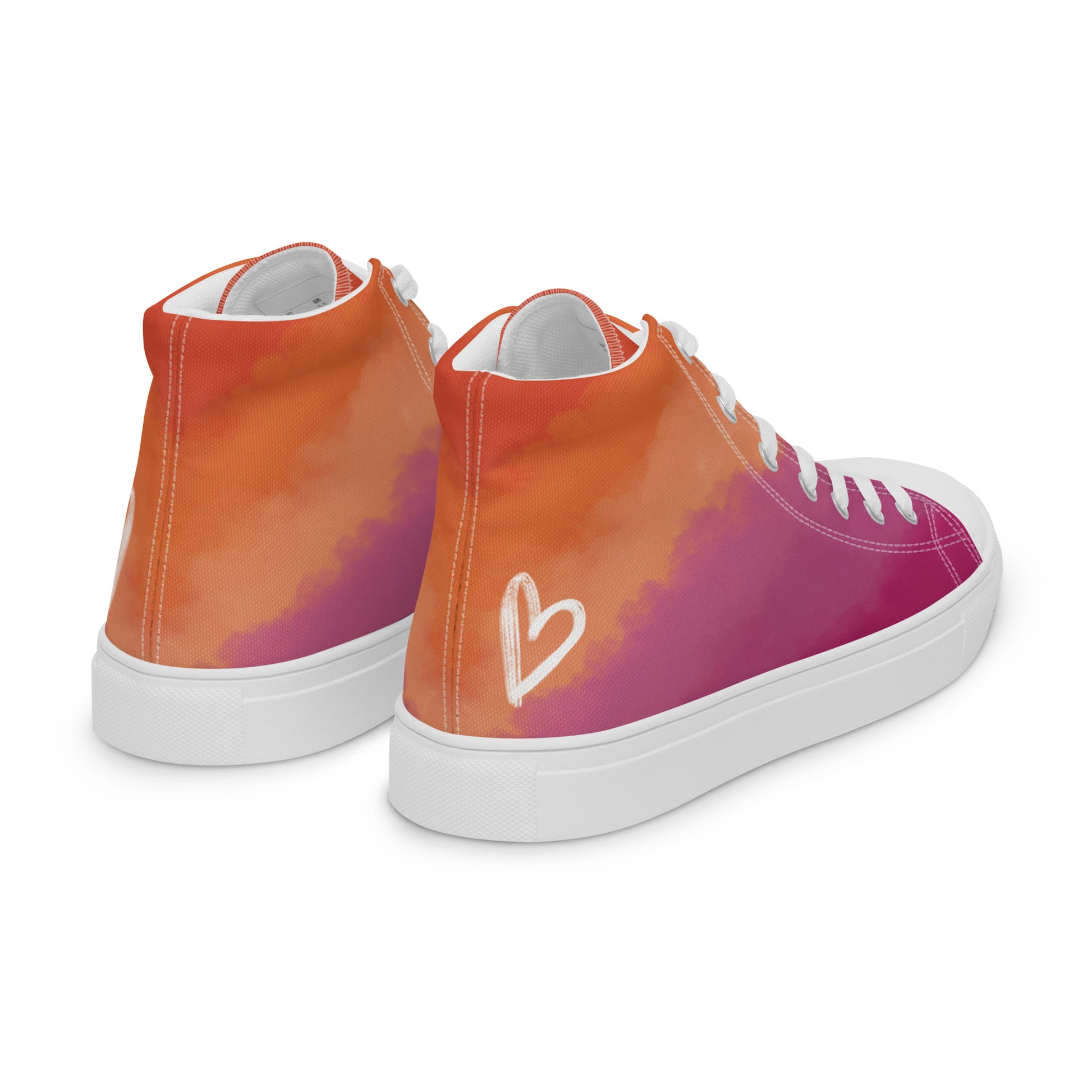 Right back view: A pair of high top shoes with cloud layers in the lesbian flag colors, a white heart on the heel, and the Aras Sivad Studio logo on the tongue.