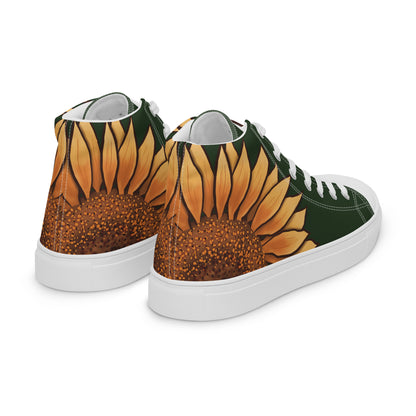 Right back view: a dark green high top shoe with a large sunflower painting on the side, the middle starting around the heel and the petals wrapping around the side of the shoe, almost to the laces.