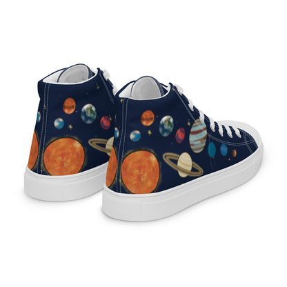 Right back view: A pair of high top shoes with painted solar system and starry background with white laces.