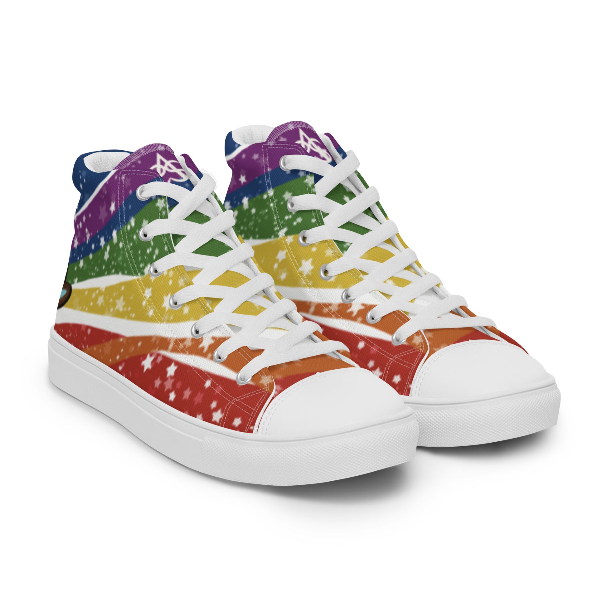 Right front view: A pair of high top shoes have wavy rainbow stripes coming from the heel and getting wider towards the laces, covered in stars, with a double heart in black and brown containing the Trans Pride flag near the heel.