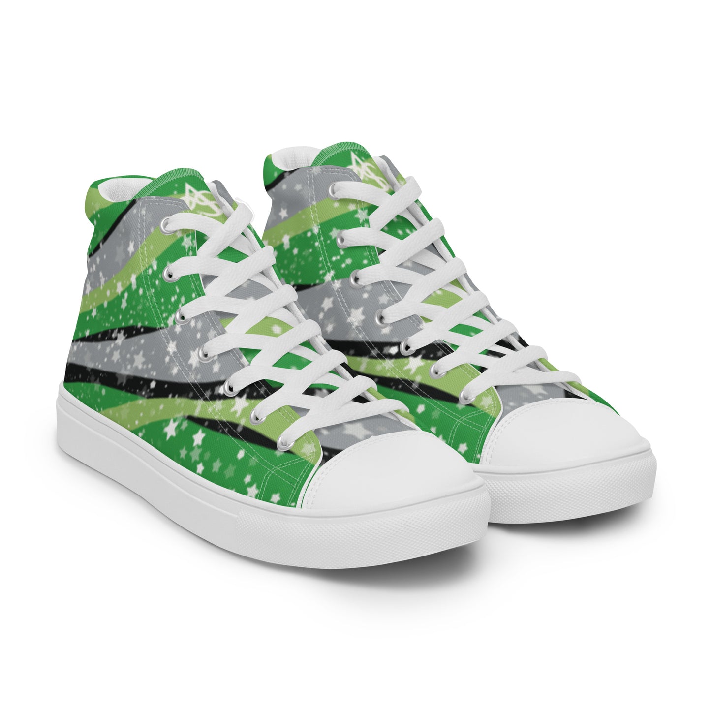Right front view: a pair of high-top shoes with ribbons of the greens, grey, and black of the aromantic pride flag coming from the heel and expanding towards the laces with an explosion of stars over it, white accents, and the Aras Sivad Studio logo in white on the tongue.