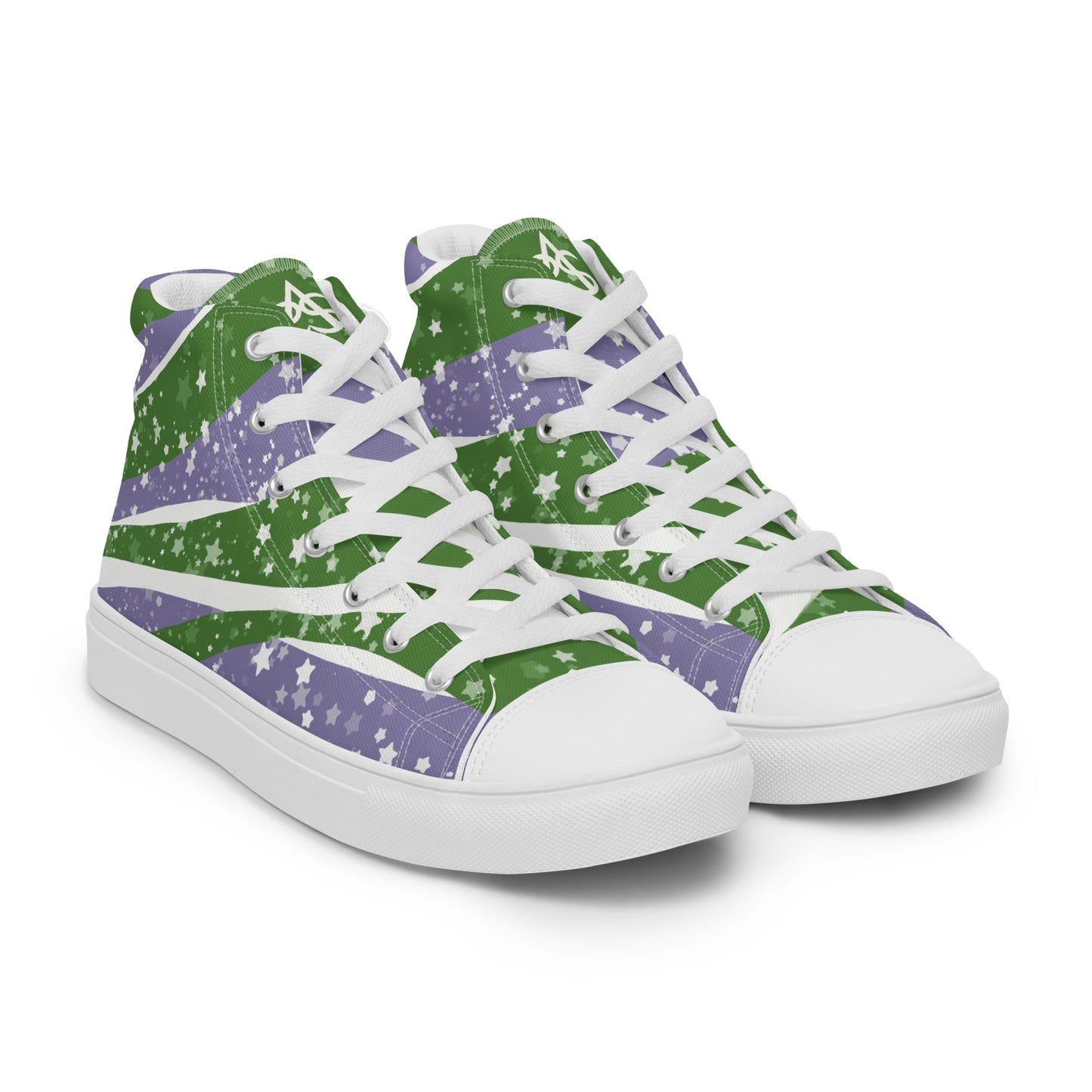 Right front view: a pair of high top shoes with green, purple, and white ribbons that get larger from heel to laces, white stars, and the Aras Sivad logo on the tongue.