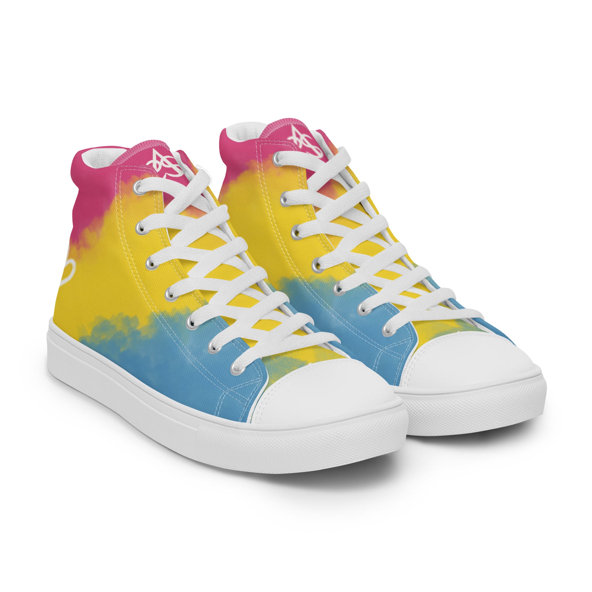 Right front view: a pair of high top shoes with color block pink, yellow, and blue clouds, a white hand drawn heart, and the Aras Sivad logo on the back.