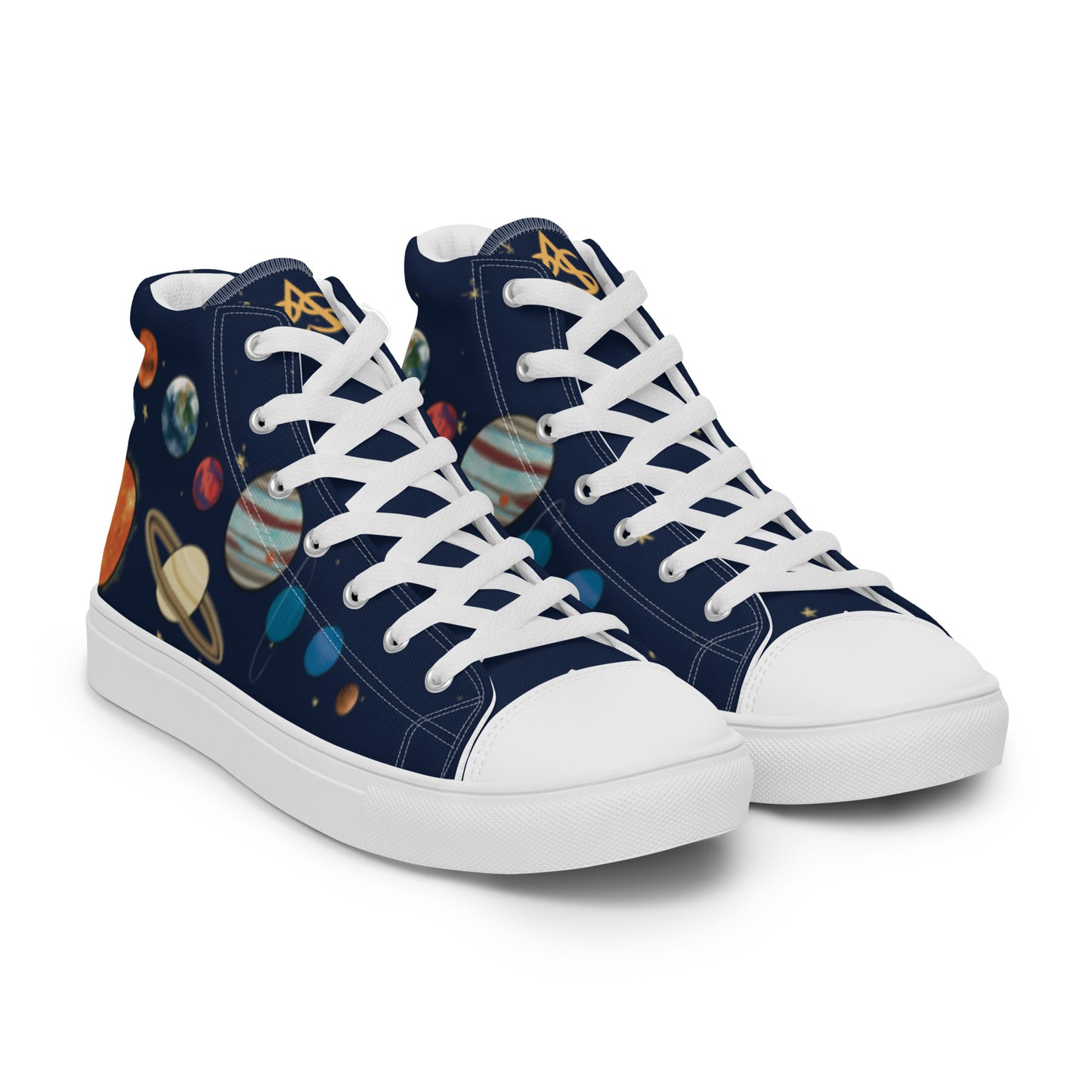 Right front view: A pair of high top shoes with painted solar system and starry background with white laces.